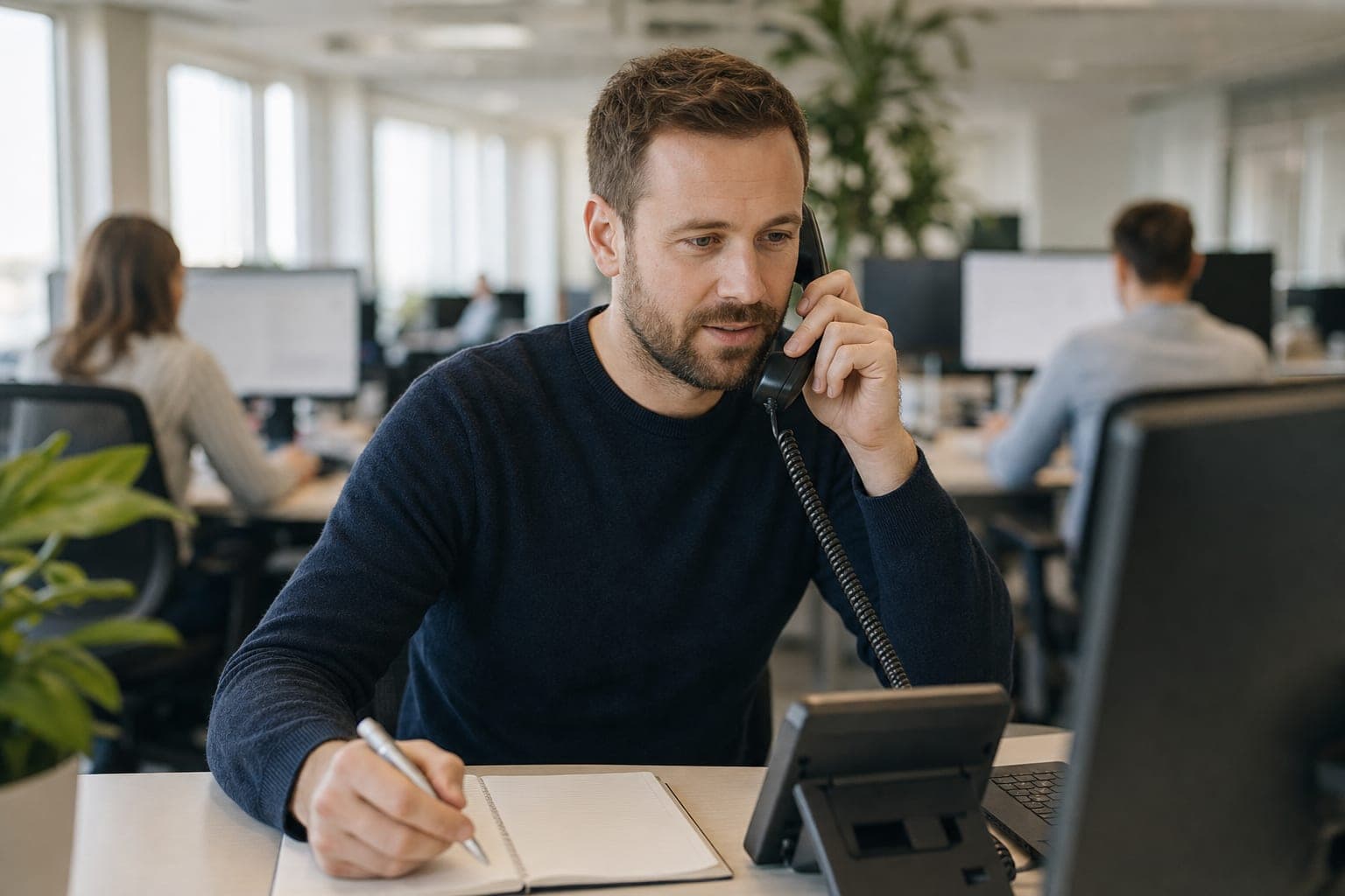 Recruiter im Büro am Telefon, daneben Notizblock und Tischapparat