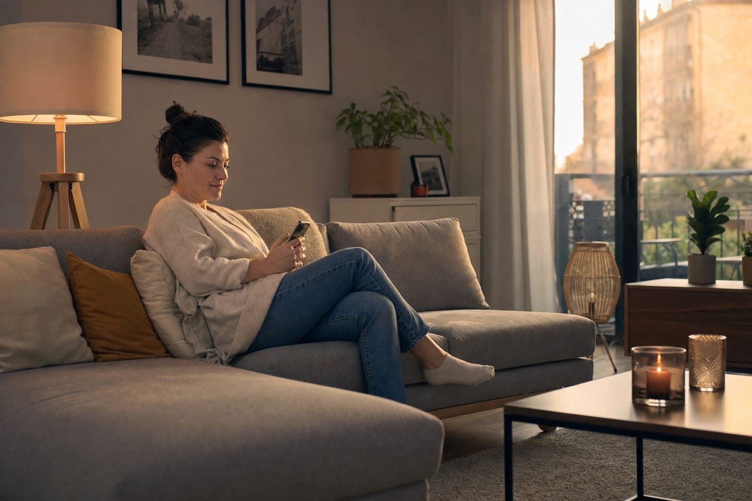 Fachkraft zuhause auf dem Sofa mit dem Telefon in der Hand